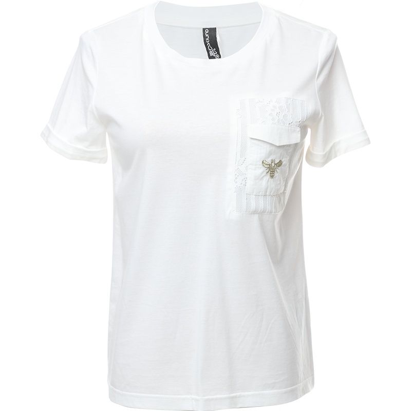 欧昵雪 夏蕾丝拼接口袋绣花百搭圆领白色短袖纯棉T恤女X