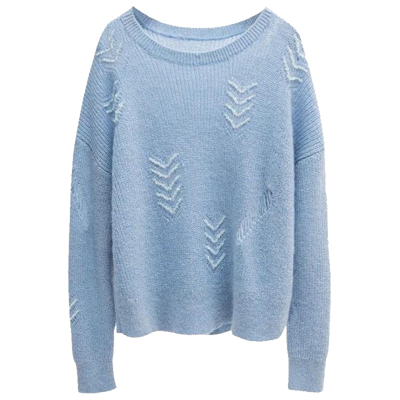 拉夏贝尔针织衫女套头长袖宽松上衣磨破镂空百搭打底毛衣10018216