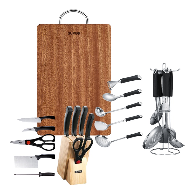 苏泊尔(SUPOR) 居家厨具十三件套刀(刀具六件套T0824-2+铲勺六件套t1011k+34*24cm乌檀木整木砧板