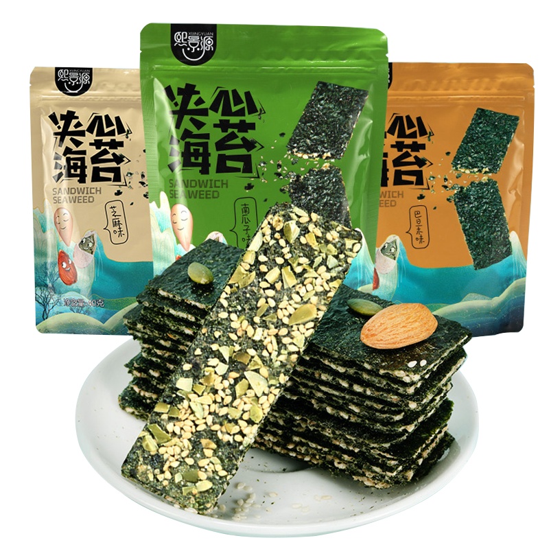 [6袋装]熙景源 巴旦木夹心海苔脆即食40g大片紫菜儿童孕妇零食小吃休闲食品