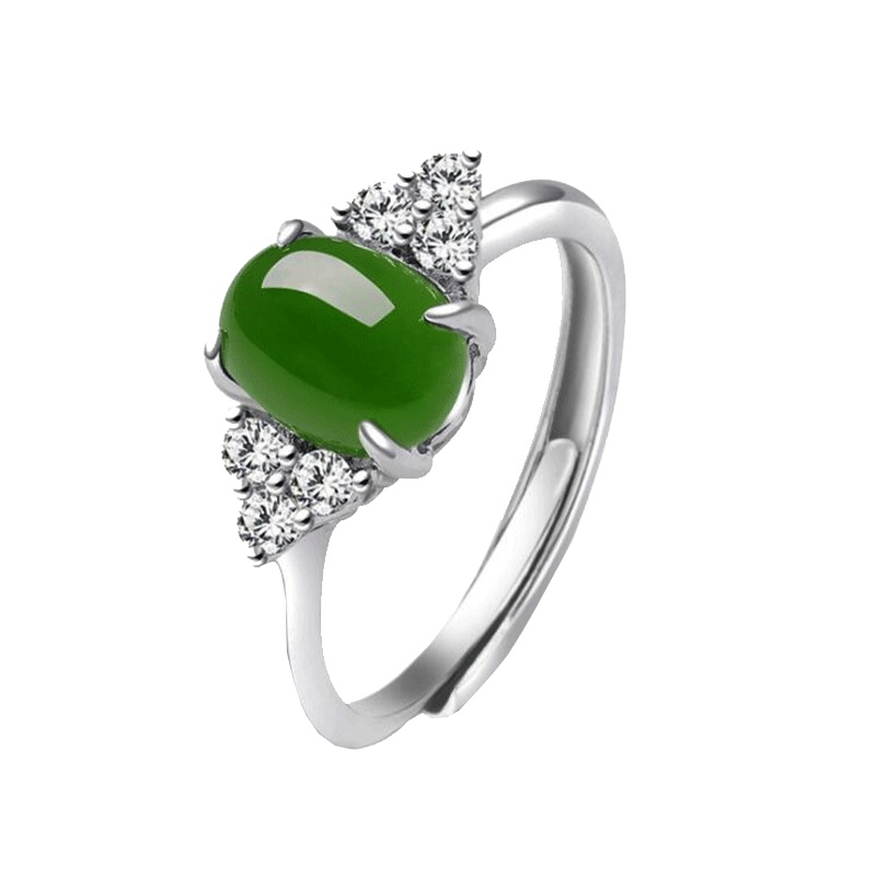 帛兰梓韵 天然和田碧玉戒指925银镶玉石女款玉戒指气质开口玉石戒指