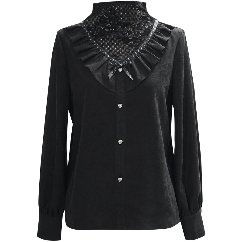 OUNIXUE欧昵雪 | [优雅蕾丝拼接衬衣]秋冬季时尚荷叶边立领长袖宽松女式衬衫