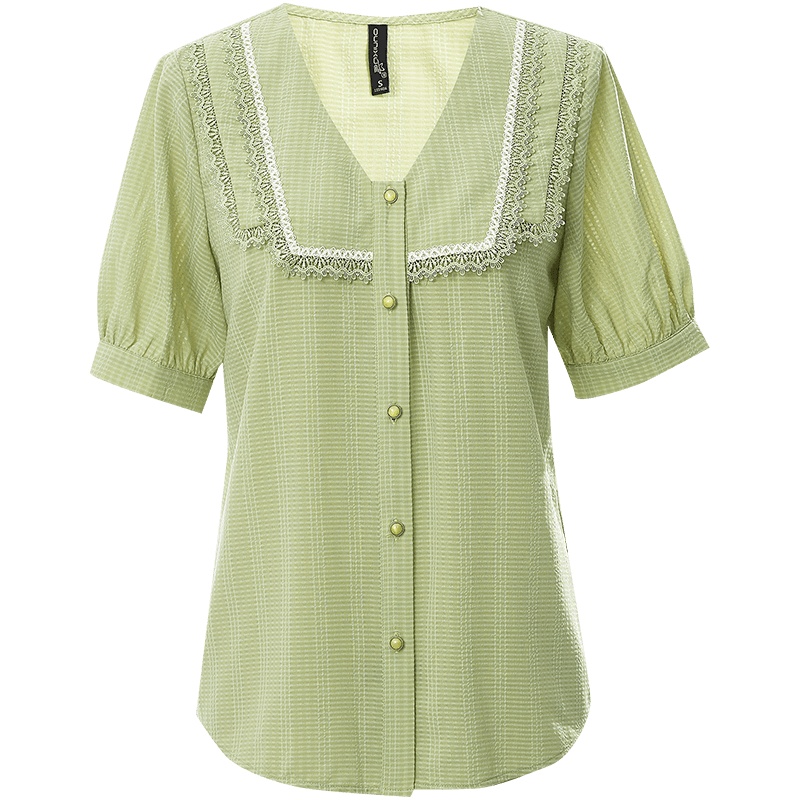 欧昵雪夏设计感洋气V领短袖格子提花衬衫女直筒显瘦上衣