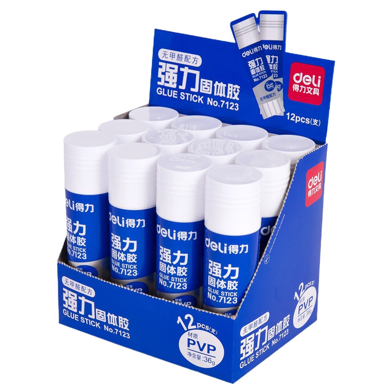 得力7123 大号固体胶水J/胶棒 36g PVP材质办公文具胶水12支装