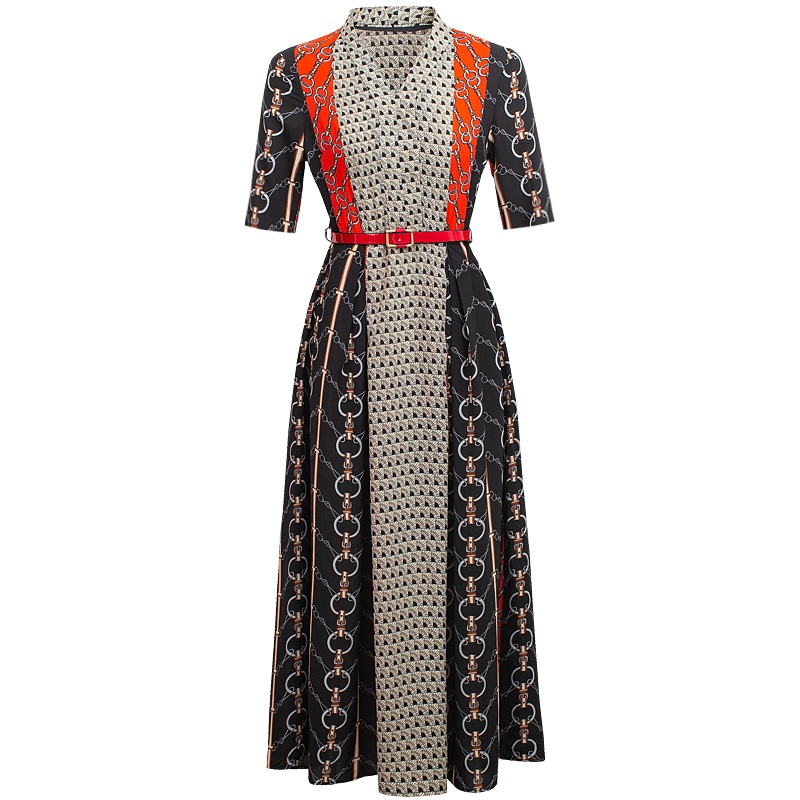 雪纺连衣裙女夏 2021新款V领七分袖气质修身链条印花长裙