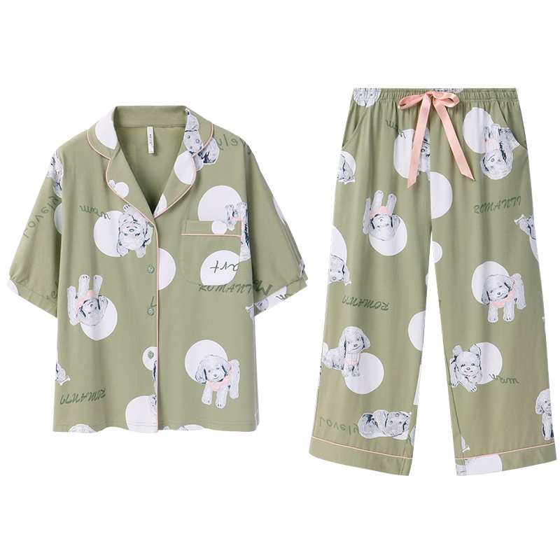 安之伴睡衣女夏纯棉弹力针织印狗国民领五分袖女套装