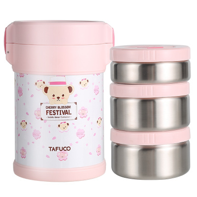 日本泰福高（TAFUCO）新品泰迪珍藏小熊304不锈钢三层保温饭盒多层学生日式真空保温桶便当饭盒
