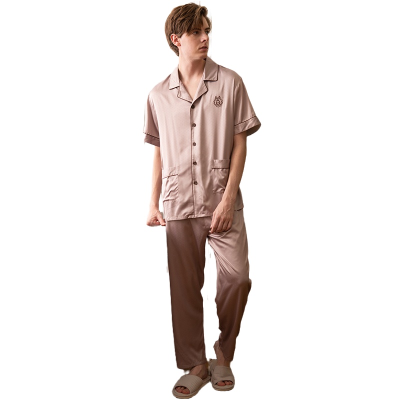 弹力仿丝提点点素色国民领短袖男套装