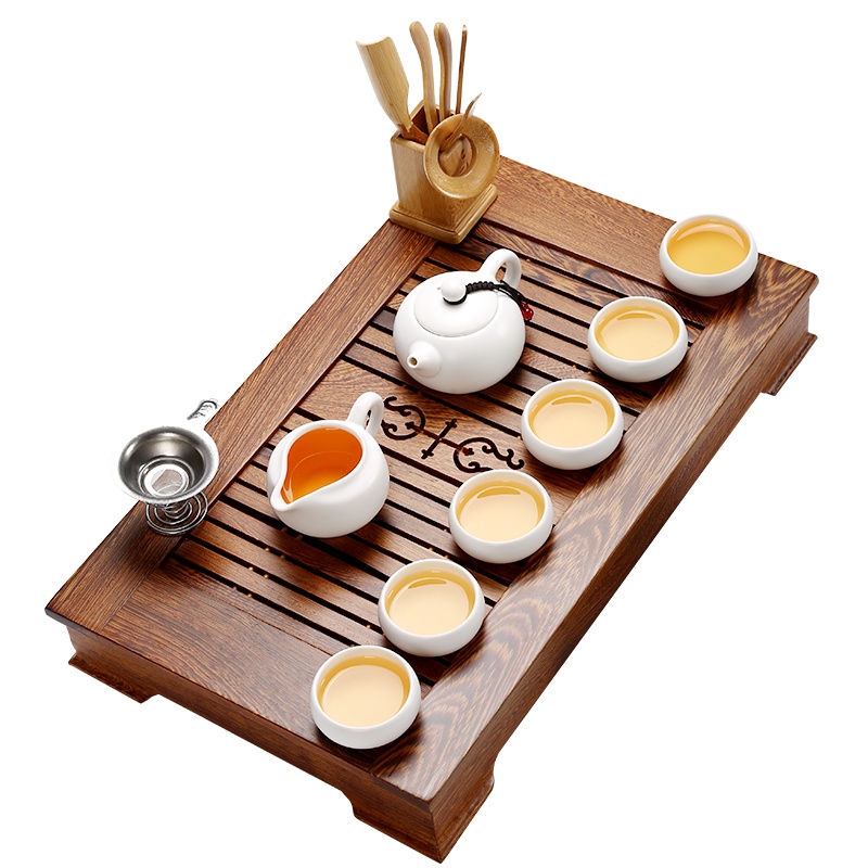 金镶玉 功夫茶具套装仿宋定窑茶具茶壶茶杯实木茶盘组合 鸡翅木月白