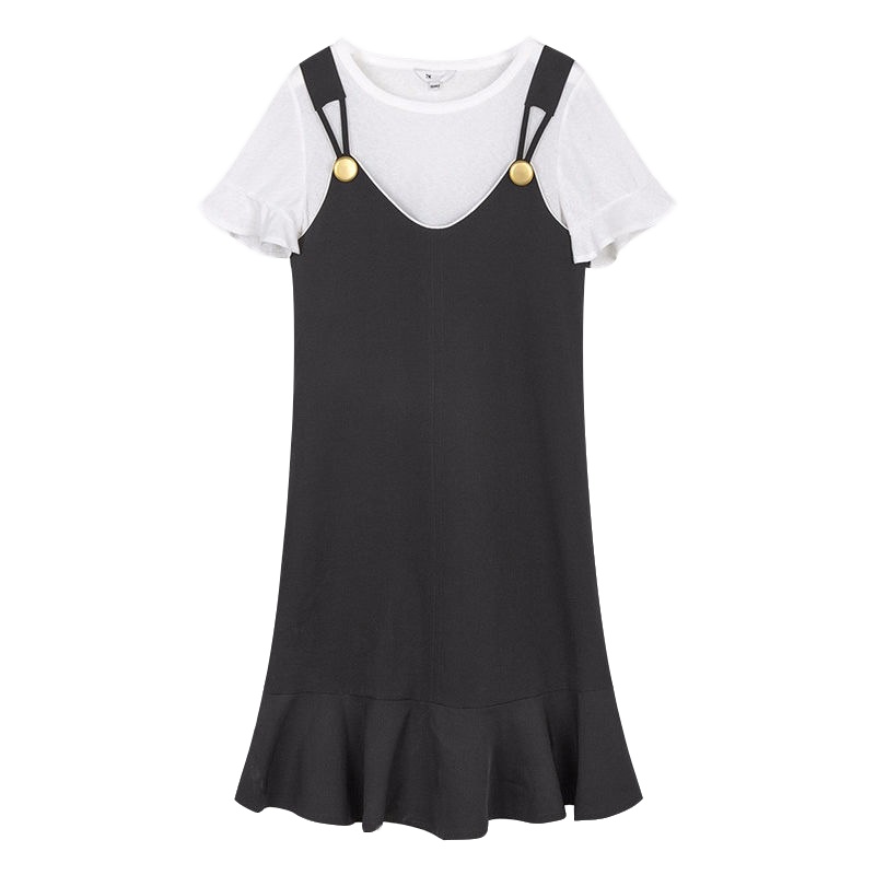 拉夏贝尔7M潮流背带裙两件套夏装新款中长心机T恤宽松吊带连衣裙子套装女