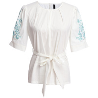 欧昵雪夏季泡泡袖绣花短袖圆领套头衬衫女蝴蝶结系带收腰上衣