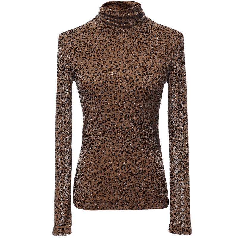 欧昵雪半高领套头打底衫上衣女长袖修身豹纹T恤厚