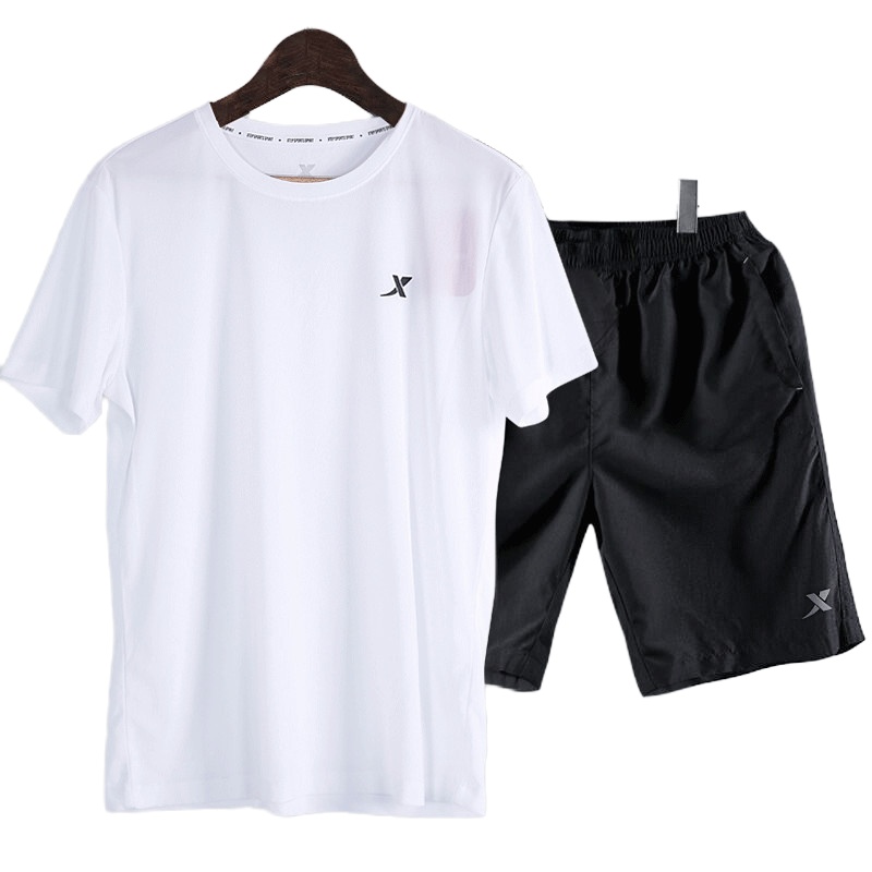 特步运动套装男速干薄款短袖短裤两件套夏季休闲服短装男装跑步服