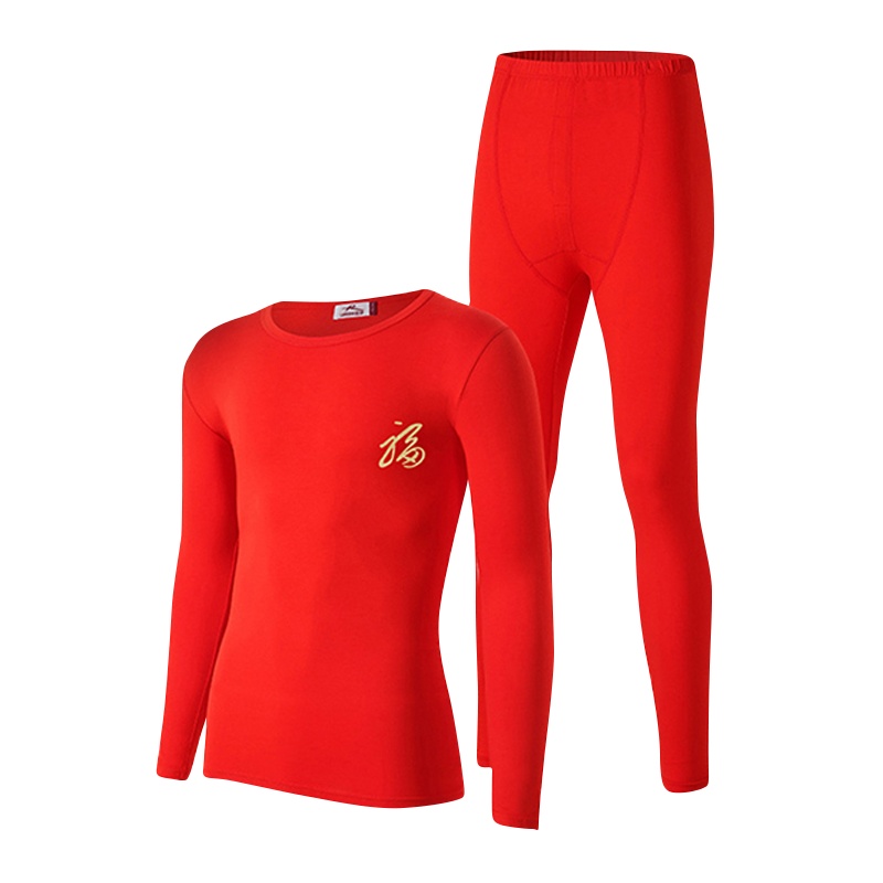 浪莎 情侣套装 本命年内衣套装男红色圆领秋衣秋裤 女士弹力纯棉薄款保暖内衣