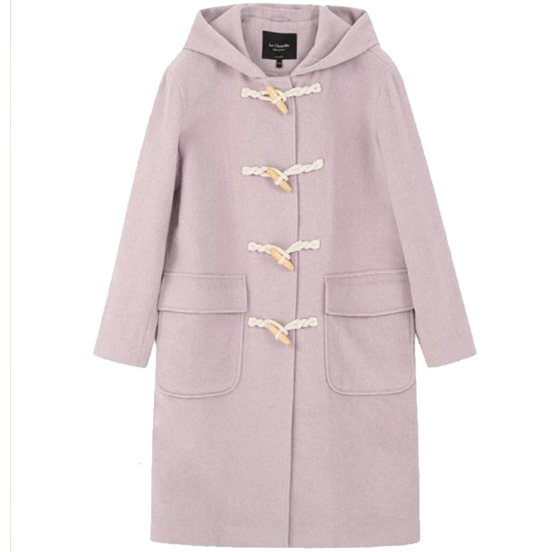 【专柜同款】拉夏贝尔秋冬女甜美单排牛角扣连帽宽松羊毛尼大衣10017966