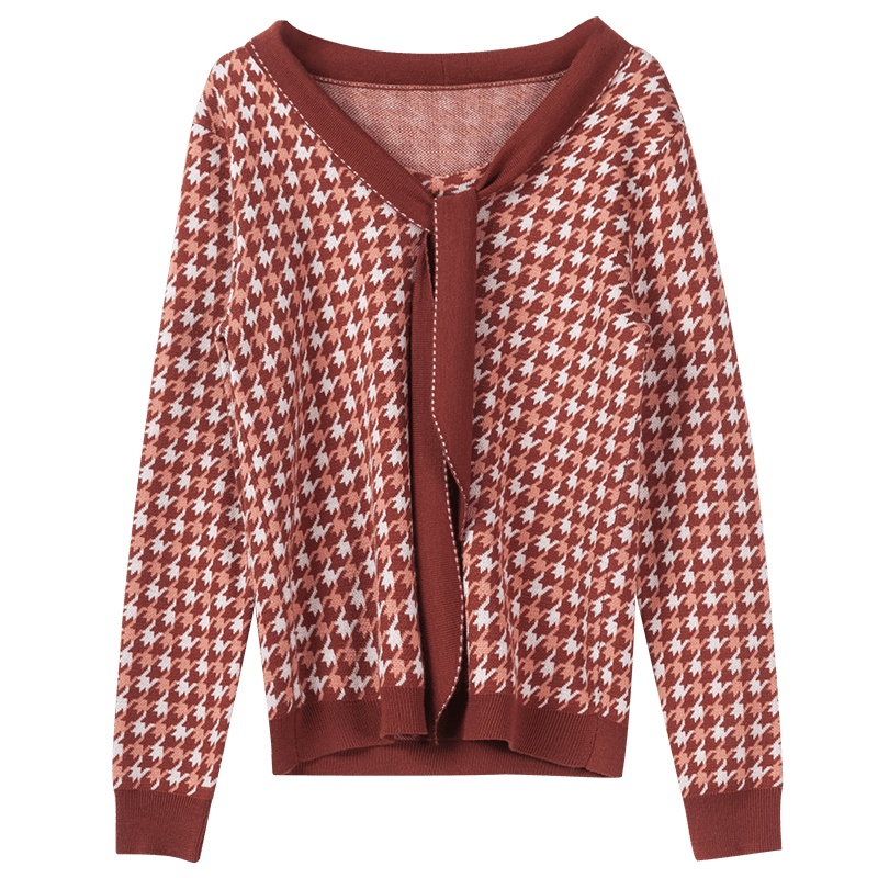 晚白 2020春新品时尚系带长袖千鸟格休闲毛衣针织衫打底衫羊毛衫女