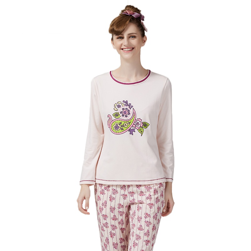 雪仙丽女士睡衣秋冬长袖时尚印花舒适面料睡衣家居服女款套装