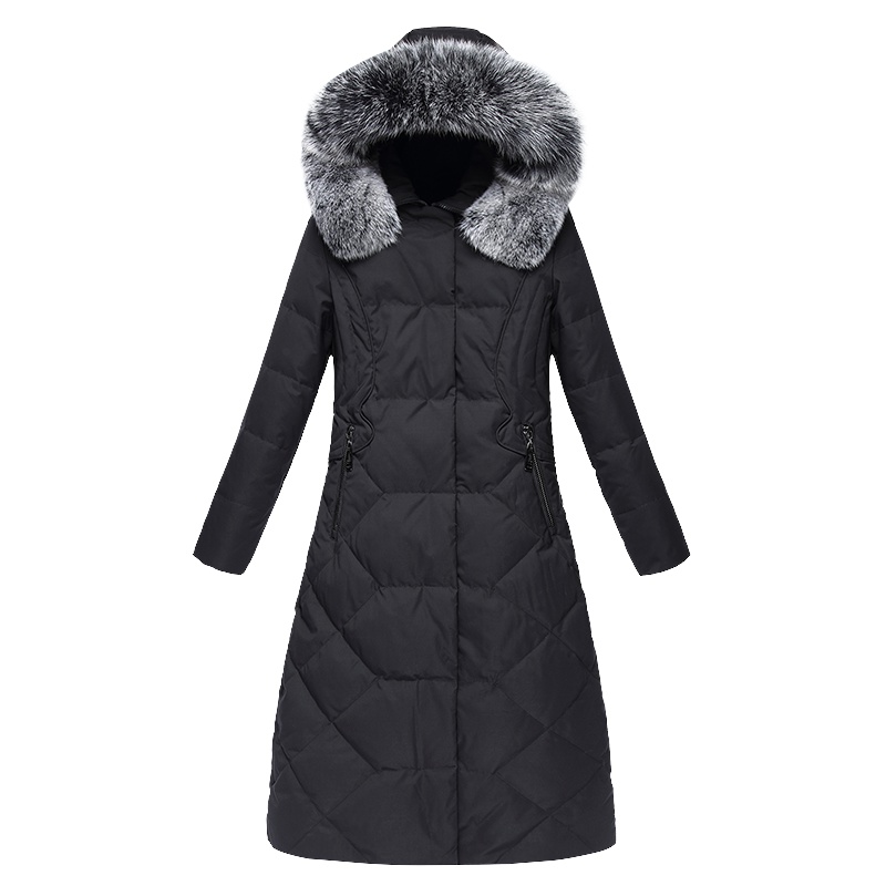 雪中飞女式连帽毛领中长款简约修身羽绒服