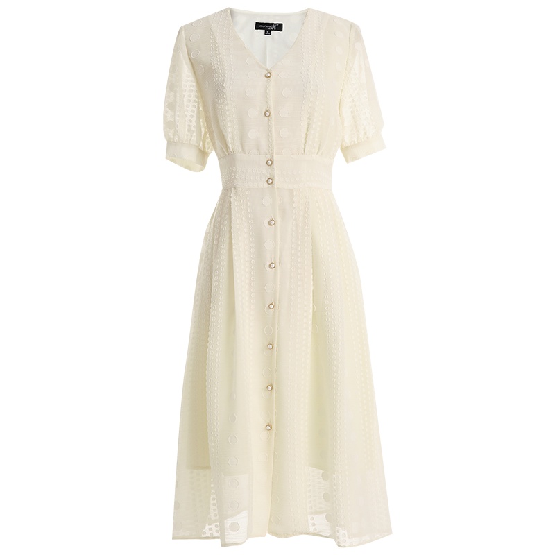 欧昵雪夏季优雅V领桔梗收腰显瘦雪纺连衣裙女短袖a字裙