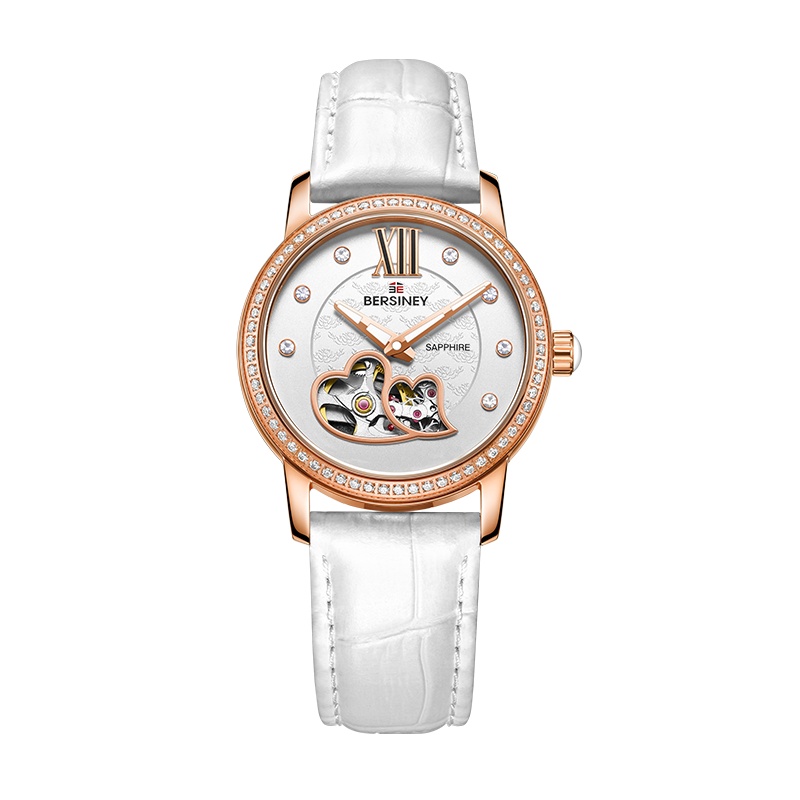 BERSINEY(波西尼)自动机械表手表女镶钻时尚镂空大表盘腕表皮带50米防水夜光针 悦心系列