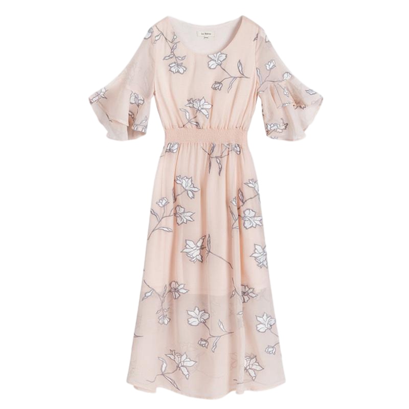 拉夏贝尔夏女法式时尚百搭温柔复古碎花雪纺连衣裙_143 S 粉红