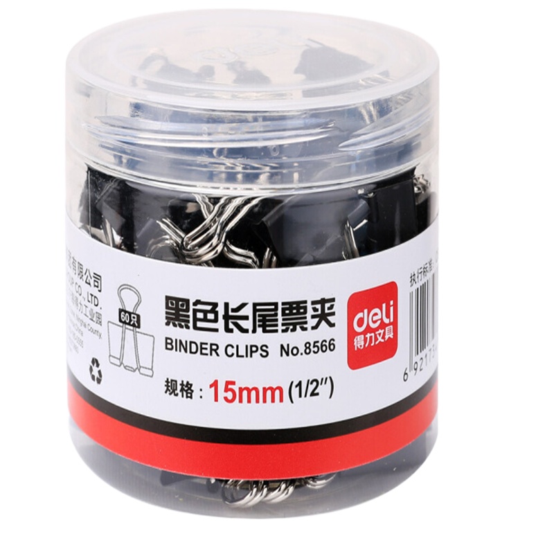得力8566-6DJ点睛 黑色长尾票夹15mm筒装(黑)(60只/筒)5筒装