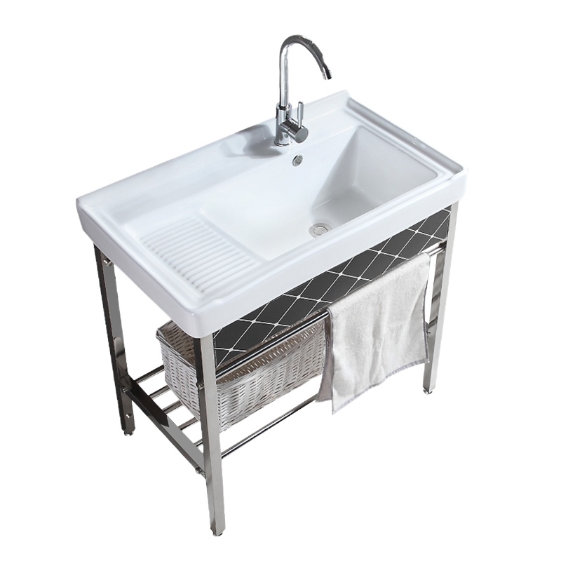 高温陶瓷洗衣盆不锈钢支架台盆洗衣池带搓板阳台家用洗衣槽脸盆