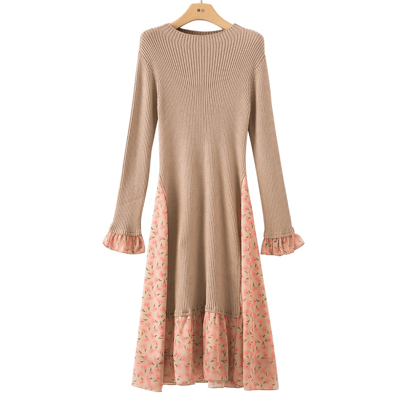 晚白2021春季新品时尚百搭淑女圆领长袖印花雪纺针织打底毛衣裙女