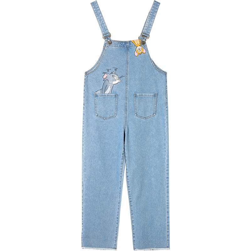 【猫和老鼠联名】妖精的口袋背带牛仔裤2020夏新款女直筒宽松裤子