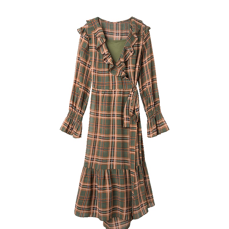 No1dara连衣裙女2019春季新款韩版修身荷叶边过膝a字裙时尚春秋条纹长裙