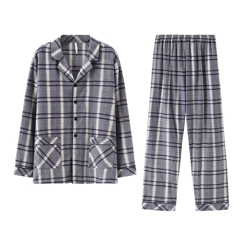 安之伴纯棉睡衣男秋韩版格子开衫长袖简约休闲时尚两件套宽松大码