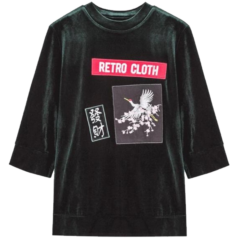 【热卖】丝绒七分袖T恤女红色2018春装新款韩版宽松学生港味刺绣短袖上衣20011348