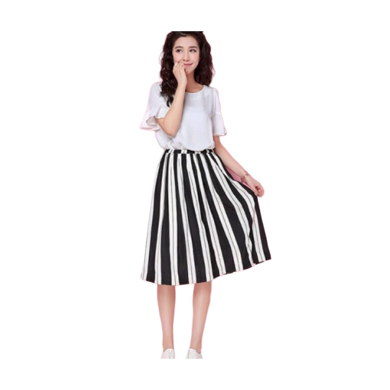 【福利款】拉夏贝尔拉贝缇夏季新款条纹中长裙宽松百褶裙半身裙60004223