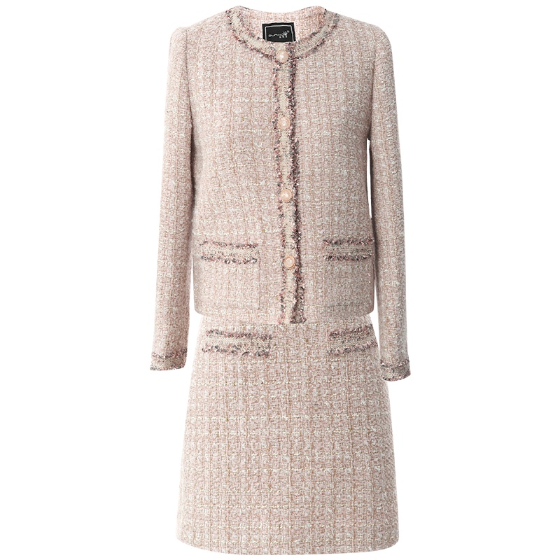 OUNIXUE欧昵雪 | [小香风粗花呢两件套]秋冬季织带拼接外套修身半身裙套装女