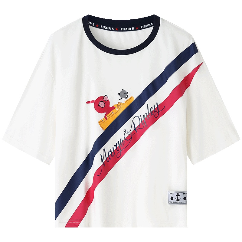 马克华菲女装2019夏新款彩条T恤女宽松休闲百搭短袖t卡通 斜条纹