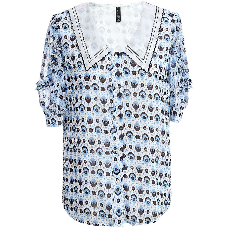 欧昵雪夏装娃娃领拼接木耳边短袖波点雪纺衫女气质上衣