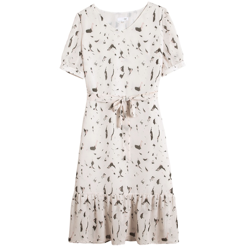 欧莎2019夏装新款很仙的法国小众中长款收腰v领印花雪纺连衣裙