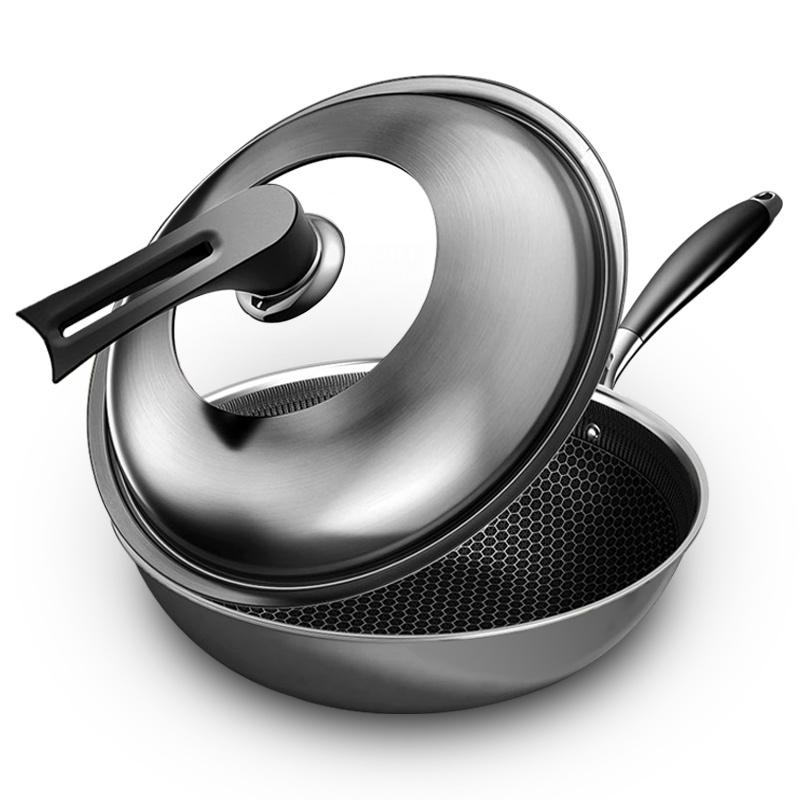 康巴赫(KBH)持家款炒锅 304不锈钢蜂窝纹理防烫 送刀铲勺三件套[刀具管制地区,赠品刀更换油壶]