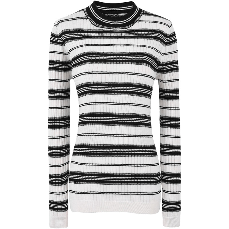 恒源祥条纹针织衫女修身2020春秋新款小圆领打底衫小个子套头毛衣