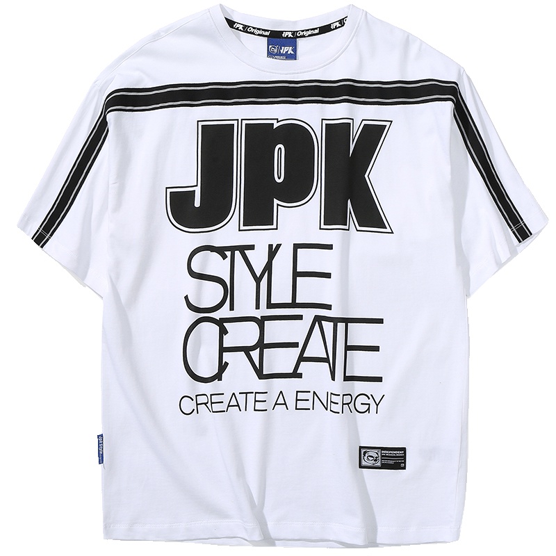 JPK原创潮牌大码男装夏季个性修身宽松运动白色短袖T恤男国潮