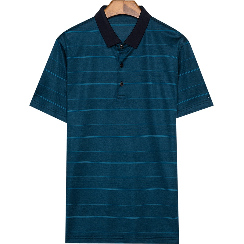 恒源祥男装新款条纹翻领含桑蚕丝短袖T恤中年爸爸装休闲Polo衫