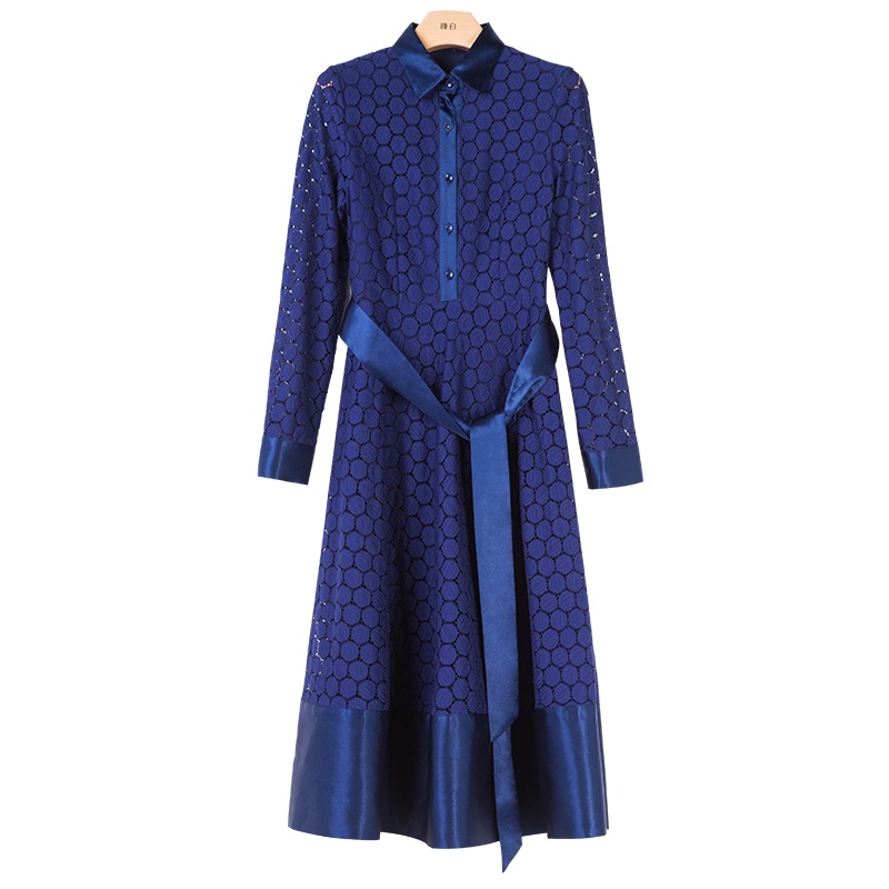 晚白2021春季新品时尚简约纯色高腰翻领长袖A字衬衫裙连衣裙女