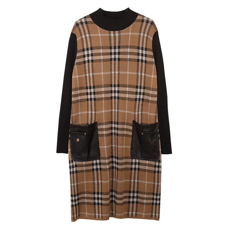 金菊秋冬新款连衣裙女简约宽松中长款小立领格纹时尚百搭打底裙