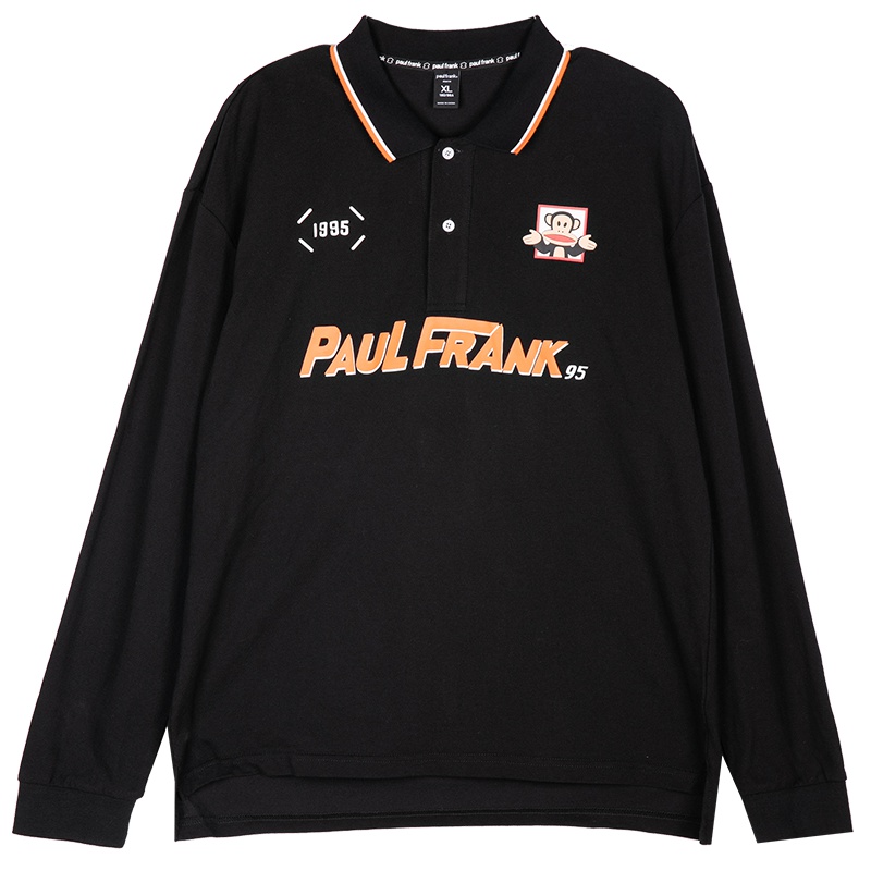 PaulFrank/大嘴猴春秋季新款男装POLO衫长袖印花韩版秋装上衣 M 黑色