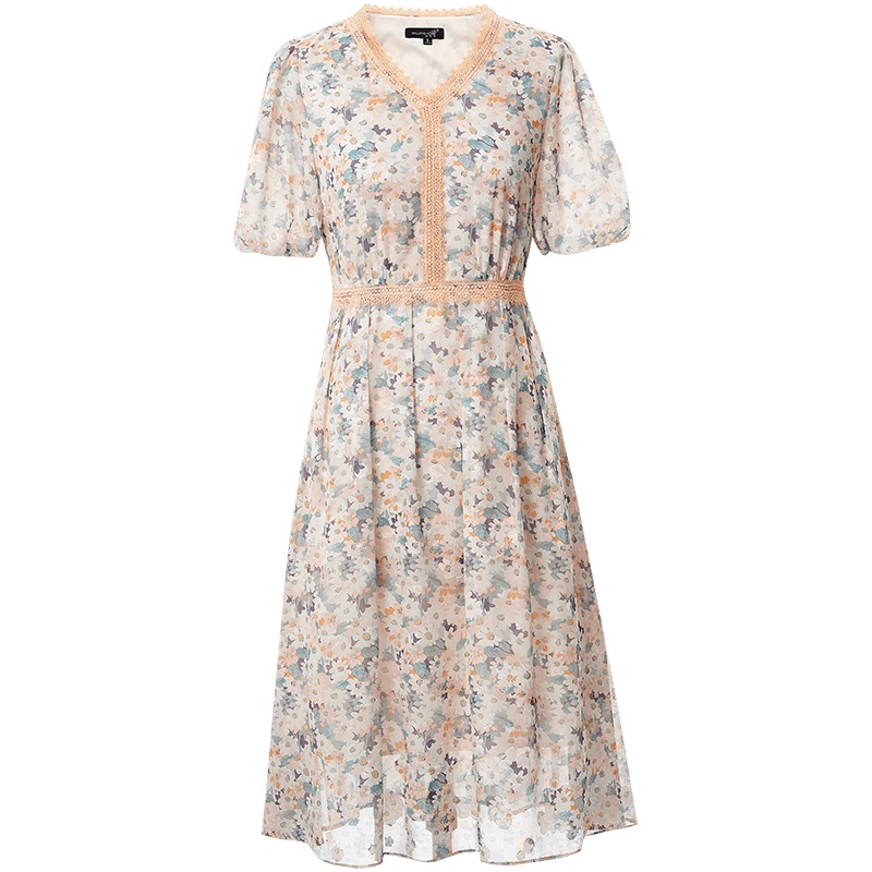 欧昵雪夏季法式V领碎花收腰雪纺连衣裙女小众灯笼袖中裙