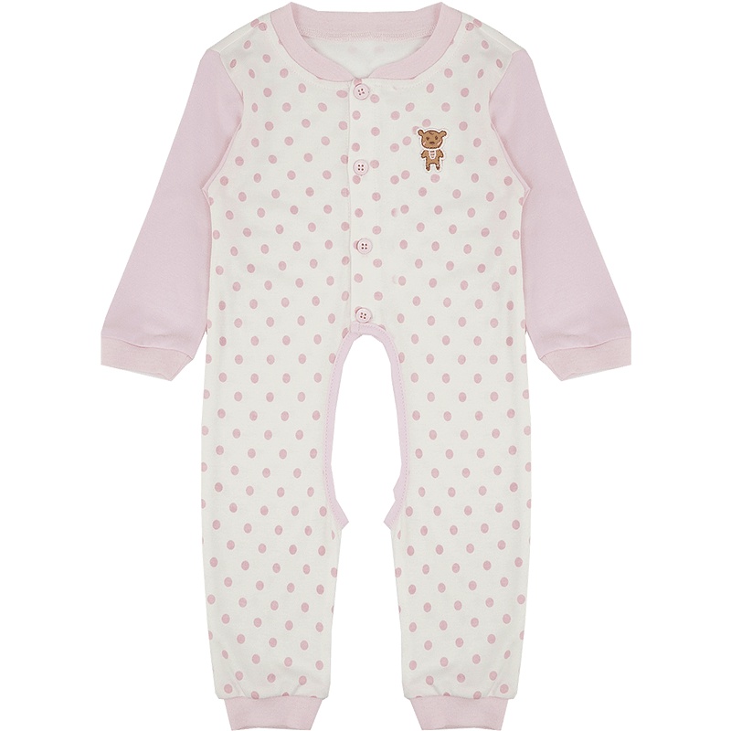 婴姿坊春季波点乐园系列单排扣休闲百搭印花柔软舒适男童女童挖档连体衣