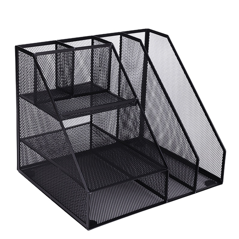得力多功能金属网材组合式文件框 分层收纳文件架/文件栏/文件筐/资料架 带笔筒 办公用品 黑色79075