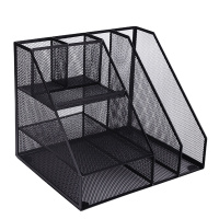 得力多功能金属网材组合式文件框 分层收纳文件架/文件栏/文件筐/资料架 带笔筒 办公用品 黑色79075