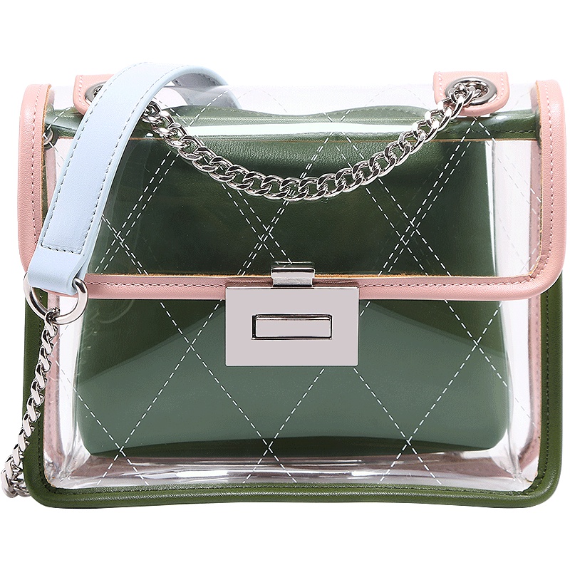 包包女2019潮小清新包包女2019透明果冻包小方包单肩少女斜挎链条包潮