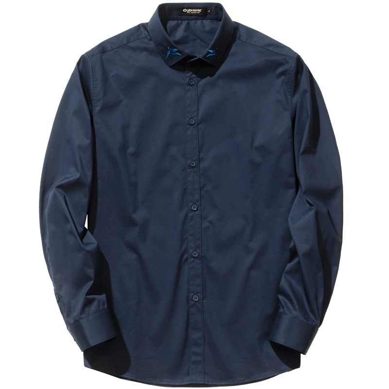 千纸鹤男士长袖翻领衬衣2019秋季青年动物绣花衬衫男纯色上衣